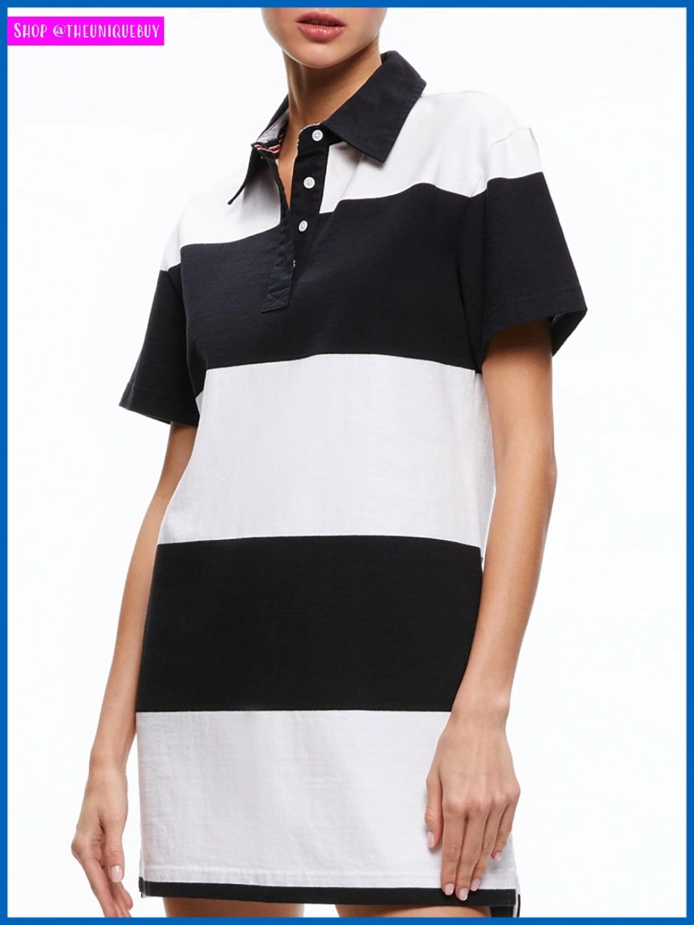 Alice + Olivia Treva Black White Striped Collared Mini Polo Dress